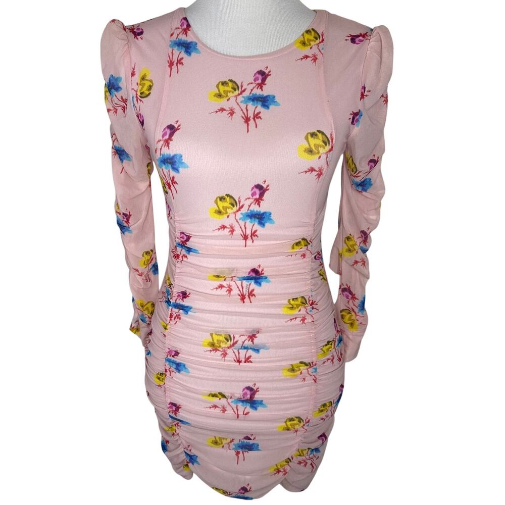 GANNI T3156 Pink Floral Ruched Mesh Bodycon Mini Dress, XS